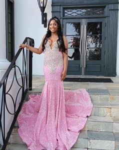 Rose Pink Spittly Mermaid Prom Birthday Ceremony Dresses for Black Girl Gillter Diamond Velvet Evening Gala Formal Dress