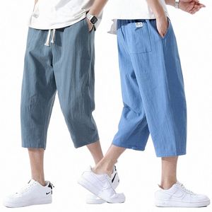 summer Casual Pants Men's Wild Cott and Linen Loose Linen Pants Korean Style Trend Nine-point Straight Trousers I8W8#