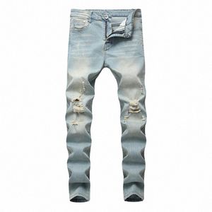 uomini impilati strappati stretch Cott Jeans Streetwear Retro Blu Bianco Distred Denim Pantaloni Boyfriend Cool Punk Slim Fit Pantaloni m6hC #