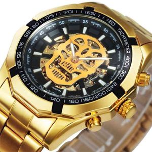 Gewinner offizielle Automatik Gold Watch Men Stahlband Skelett mechanische Schädel Uhren Top Marke Luxus Drop Ganz 210279c