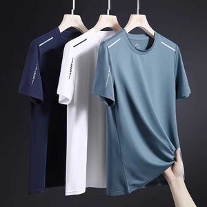 Mens Ice Silk Short Sleeved T-shirt Summer Solid Color Loose 2024 High Elasticity Quick Drying Sports Casual Half