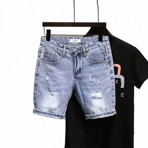 men's Summer Blue Denim Shorts Brand Rotten Pockets Korean Fi Slim Straight Wide Leg Beggar Jeans Shorts 92Fe#