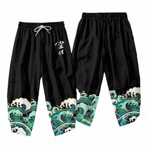 Japanska Kimo Pants Vintage Bloom Pants Harajuku Waves Print Casual byxor Kvinnor Män Tradeitial Asian Clothing Q5YI#