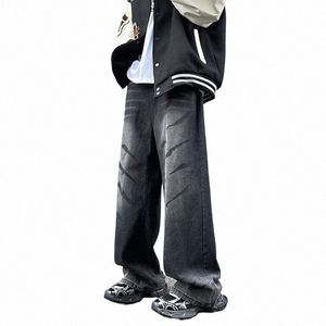 goth Print Black Baggy Jeans For Men 2024 New Streetwear Fi Wide Leg Straight Jean Y2K Vintage Gradient Casual Denim Pants M9wk#