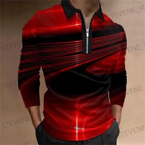 Men's T-Shirts Fashion Mens Clothing Polo Shirts Casual Turn-Down Collar Zipper Wear Ladder Print Long Slve T Shirt Men Polos Tops T240325