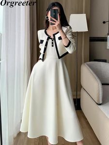 Elegant Lady Fashion Two Piece Dress Sets Autumn Short Jacket Coat 2 Set Women Sexig stropplös Midlength Suits 240323