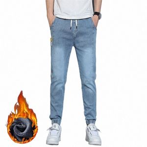 men Winter Thermal Jeans Snow Warm Stretch Straight N Leg Jeans Fleece Denim Lg Pants Fi Slim Fit Blue Gray Trousers S6ai#