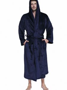 2023 Men Winter Warm Plus Size Hooded Lg Flannel Fleece Bathrobe Male Kimo Bath Cozy Robes Night Sleepwear Dring Gown B7bn#