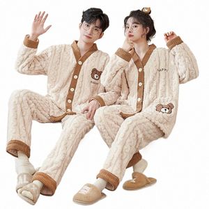 2024 парные пижамные комплекты для женщин и мужчин, зимние фланелевые утепленные пижамы, одежда для сна, корейский комплект из 2 предметов, домашняя одежда, мягкая теплая пижама 585Q #