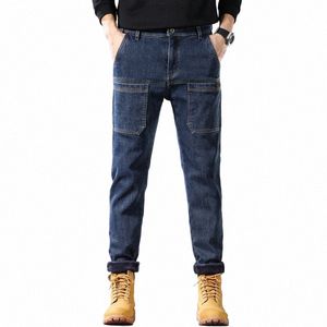 pocket Design Fleece Men's Jeans Fi Thick Korean Classic Fi Slim Plush Pants Male Casual Solid-color Denim Trousers 258F#