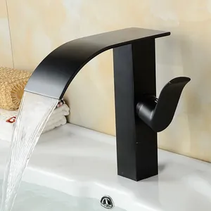 Banyo Lavabo Muslukları Havza Musluğu ve Soğuk Mikser Tap Tek saplı Şelale Katı Pirinç Kare Güverte Siyah Nikel