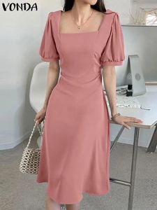 VONDA Summer Women Elegant Office Dress 2024 Solid Color Sexy Square Neck Short Sleeve Party Sundress Casual Loose Robe Femme 240325