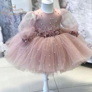 Fashion Girls beaded lace tulle dresses kids feather flowers gauze Bows princess dress Ball Gown children's day party clothing Z0967