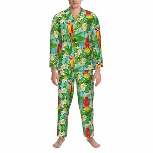 Pyjamas Mens Tropical Floral Print Leisure Sleepwear Parrot och Leaf Two Piece Casual Pyjama Set LG Sleeves Lovely Home Suit Z47W#