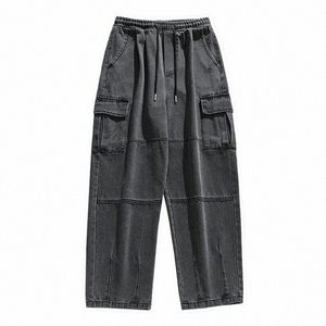 Mens Baggy Jeans Sólidos Multi-bolso Calças Jeans Casal Cintura Alta Vintage Oversized Corredores Calças Vintage W Denim Calças X4k1 #