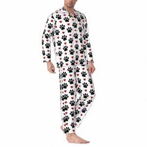 Bonito Coração Vermelho Conjuntos de Pijama Primavera Patas Pretas Imprimir Fi Sleep Pijamas Homens 2 Peça Retro Design Oversized Nightwear Presente v18d #