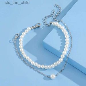 Anklets 2PCS New Fashion Pearl Double Layered Gold Womens Feet Bracetet Beach Imitationベアフットサンダルレッグチェーンアンクルブレスレット24326