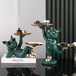 Sculptures Lying Black French Bulldog Butler with Double Gold Metal Tray Dog Statues and Sculptures Room Decor Home Butler Statue Ornament