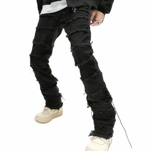 men Jeans Mid-rise Butt Zipper Fly Jeans Straight Leg Burr Edge Slim Fit Ripped Denim Pants Hip Hop Trousers Streetwear H9dC#
