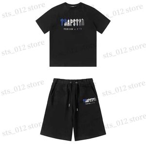 남자 티셔츠 Trapstar Top New Mens 티셔츠 짧은 슬리브 복장 Chenille Tracksuit Black Cotton London Streetwear S-XL T240326