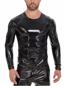 s-7xl Shiny Faux PU Leather Lg Sleeve T Shirt Men Wet Look PVC Hot Shapers Tights Shapewear Tshirt Sexy Tee Shirts Tops Body h0Kp#