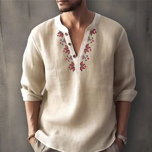 Mężczyzn Bluzka Vintage Bohemian Printed Long Rleeve Casual Button-Down Bluzja luźna Henley V-deck Tops Hawaiian T koszule 240320