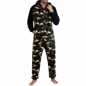 Män fleece pyjama lg ärm huva zip-up varm sömnkläder loungewear med fickor höst vinter underkläder d6vf#