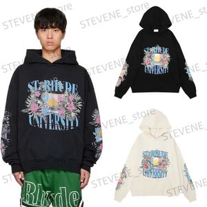 Herrtröjor tröjor tungt tyg bomullsblomma flagga brev tryck hoodie män par överdimensionerad mode bomull casual hiphop hoodedpullover t240326