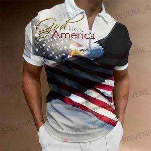 Men's T-Shirts T-shirts Men Clothes Polo Shirts Strt American Flag Print Casual Short Slve Tops Shirt New Turn-down Collar Zipper Clothing T240325