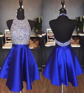 Royal Blue Cetim Uma Linha Curto Homecoming Vestidos Barato Frisado Pedras Top Backless Na Altura Do Joelho Festa Formal Prom Cocktail Dresses1152742