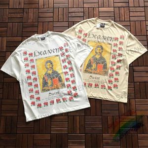 Erkek Tişörtler Saint Michael T-Shirt Erkekler Kadın Unisex Gül Vintage Sanskrit Sıkıntılı Baskı Büyük Boy Yuvarlak Boyun Tişört TS T240325