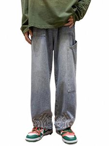 fi Print Embroidery Men's Pants Y2k Patchwork Pocket Baggy Jeans 2024 Spring Summer Male Wide Leg Hip Hop Denim Trousers y21x#