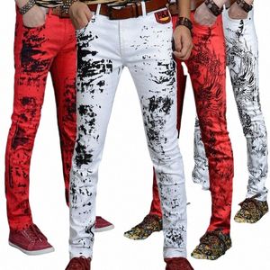 Idopy Seksi Slim Sıkı Erkek Basılı Kalem Pantolon Erkekler Gece Kulübü Partisi Siyah Skinny Biker Serin Pantolon Deri Jogger Mavi X2G4#