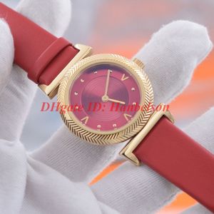 패션 레드 Damen Luxus Uhren 여자 Quartz Orologio di lusso 고품질 강철 케이스 가죽 스트랩 접이식 버클 손목 Watch260f