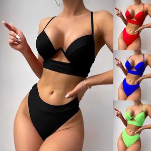 2023 Yixi New Womens Swimsuit One piece Steel Support Hard Wrapped Nylon Solid Color Hollow Sexy Bikini