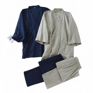 mens Cott Pajamas Japanese Kimo Yukata Sets Cardigan Sleepwear Stripe Short Sleeve Summer Loose Yukata Fi Pajamas i9Zg#