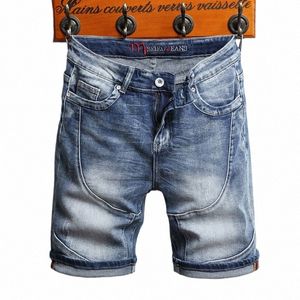 2023 Summer New Men's Straight Stretch Denim Shorts Korean Fi Cott Streetwear Panelled Slim-fit Cropped Jeans Male Brand F8zv#