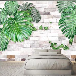 Wallpapers Wellyu personalizado grandes murais moda decoração de casa nórdica aquarela pintada à mão folhas verdes fundo de parede de tijolo