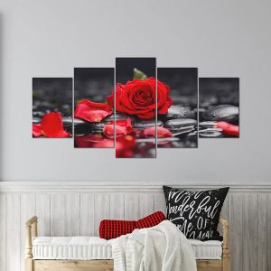 5 Panel Black And Red Rose Flower Canvas Wall Art Modern Floral Stone Artwork Home Decor For Living Room Bedroom No Frame