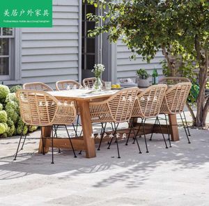 BB Sedia da pranzo per esterni Combinazione di tavoli in legno massello per il tempo libero in ferro rattan Mobili da giardino semplici e moderni3925691