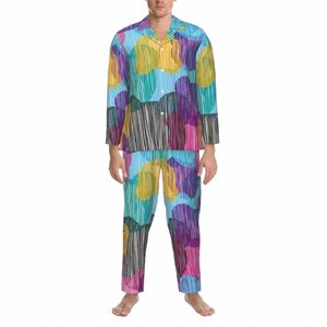 Colorido Urso Impressão Pijamas Set Outono Abstrato Animal Quente Noite Pijamas Homem 2 Peça Estética Oversized Gráfico Nightwear G1gM #