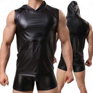 Ny sexig PU faux läder t-shirts huva coola män natt tight skjortor läder smal skjorta väst högkvalitativ FX1022 R7QE#