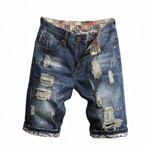 2023 Summer New Men Vintage Ripped Short Jeans Streetwear Hole Slim Denim Shorts Male Brand Clothes t32b#