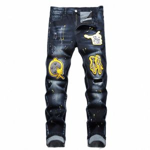 Mężczyźni y2k elastyczne dżinsowe dżinsy rozryte chude litera druk elastyczne talia swobodne spodnie dla mężczyzn do dziury Slim Fit Denim Hip Hop Spodni v9r7#