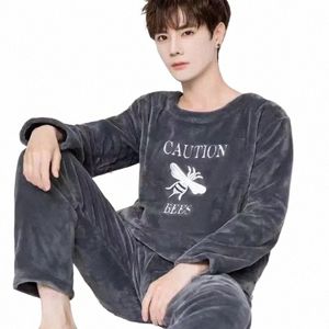 Män förtjockar varm flanellpyjamas Set Male LG Sleeved Carto Men's Winter Leisure Loose Homewear Tyg Loose Boy Sleepwear Top O8QX#