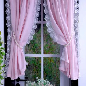 Curtains Korean Pink Lace Sheer Curtains for Living Room, Thick Short Tulle Curtain for Kitchen Bathroom Cupboard, Elegant Window Decor