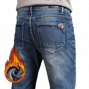 Retro estiramento magro jeans masculino inverno grosso velo fi rua denim calças masculinas de pelúcia magro magro hip hop calças 718t #