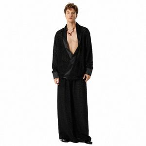 Incerun 2023 Sexy Fi Männer Sets Spitze Perspektive Lose Hülse Strickjacke Breite Bein Hosen Casual Heißer Verkauf Zwei Stück Sets S-5XL h81z #