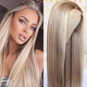 Gerade 13x4 Lace Front Perücke Highlight Brown Synthetic Lace Perücken für Frauen 2x4 Silk Base Perücke vorgezupft natürlich aussehend, ohne Kleber