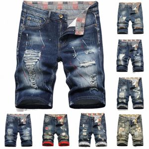 jeans Shorts For Men Casual Fi Color Patchwork Shorts Outdoors Beach Daily Work Shorts Vintage Straight Ripped Denim t1De#